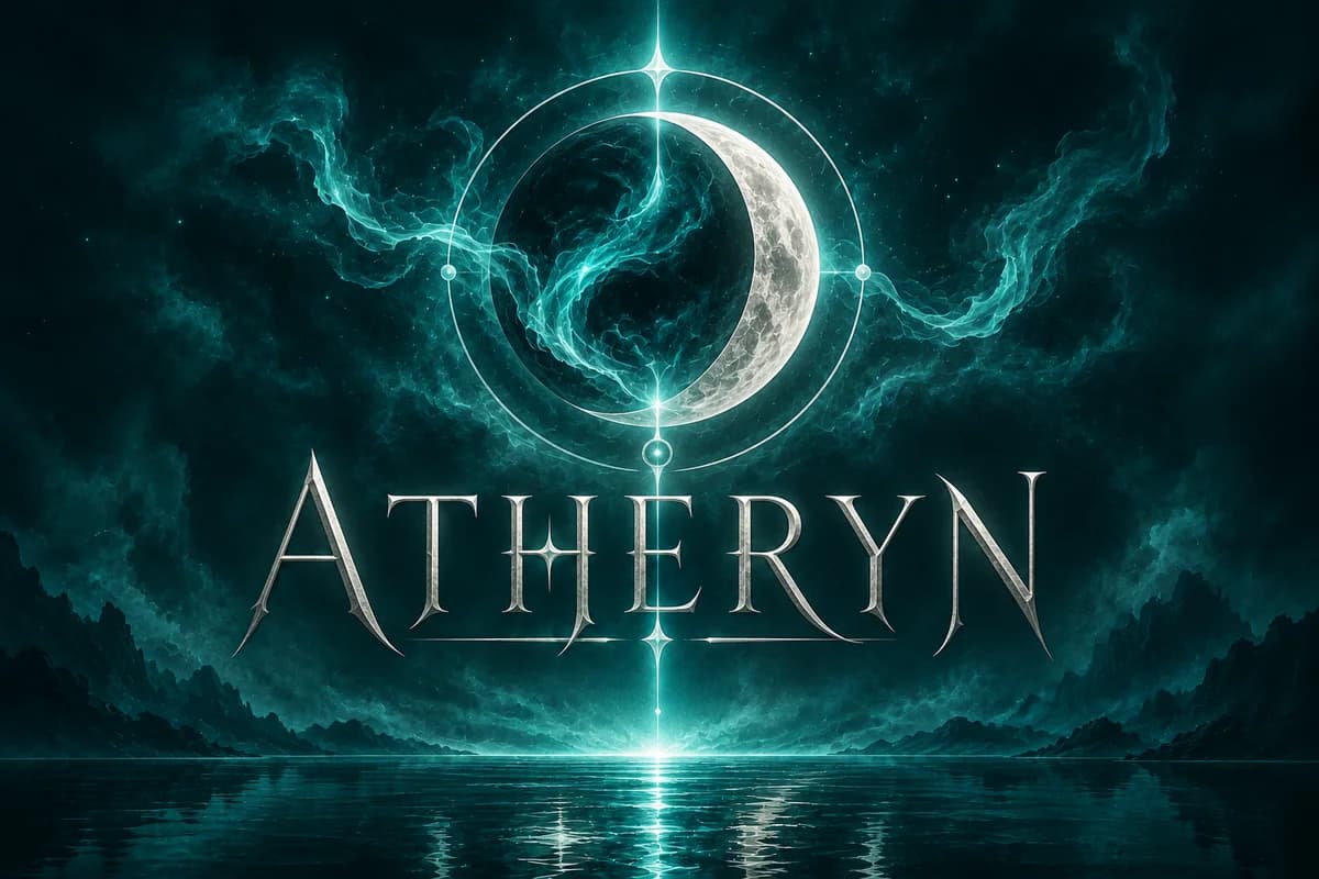 Atheryn: the game logo, a crescent moon inside a ring of light and teal mist above the name, reflected in a dark sea