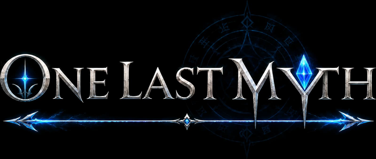One Last Myth: silver wordmark with a blue crystal and an arcane circle